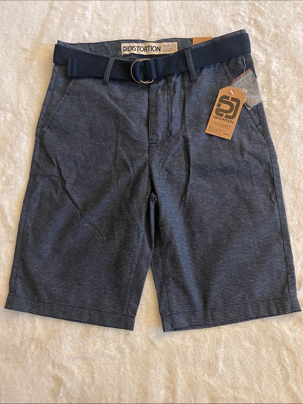 Distortion Boys Navy Micro-Stripe Shorts with Belt SZ 10 NWT